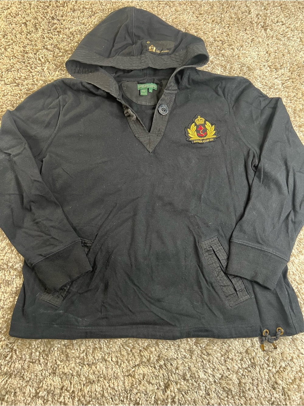 Men's Hooded Pullover Sweater - Navy with Crest